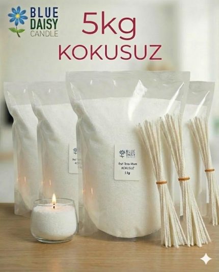 5 Kg toptan paket beyaz renkli kokusuz bitkisel inci tozu mum ve 125 adet hediye fitil