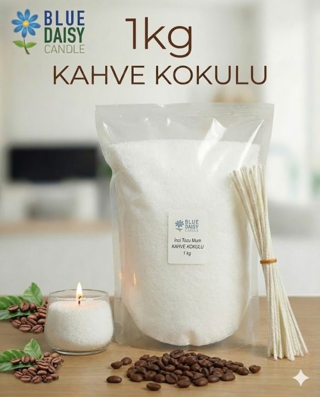 1 Kg beyaz renkli kahve kokulu inci tozu mum ve 25 adet 20 cm hediye fitili