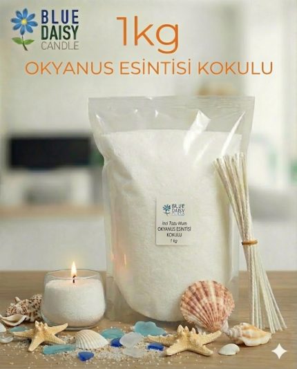 1 Kg beyaz renkli okyanus esintisi kokulu bitkisel inci tozu mum ve 25 adet 20 cm hediye fitili