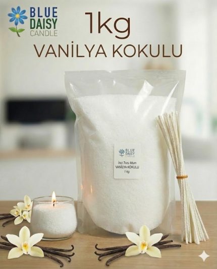 1 Kg beyaz vanilya kokulu inci tozu mum ve 25adet 20cm fitil