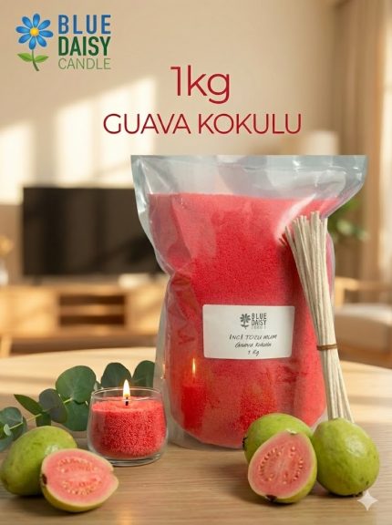 1 Kg kırmızı renkli guava kokulu bitkisel inci tozu mum ve 25 adet 20 cm hediye fitili