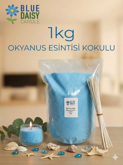 1 Kg mavi renkli okyanus kokulu bitkisel inci tozu mum ve 25 adet 20 cm hediye fitili