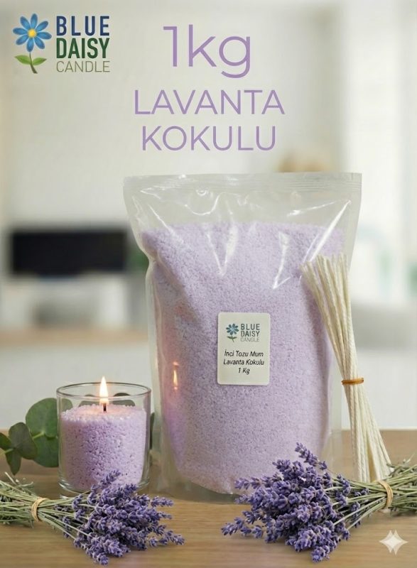 1 Kg mor renkli lavanta kokulu bitkisel inci tozu mum ve 25 adet 20 cm hediye fitili