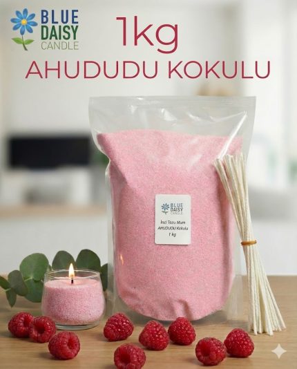 1 Kg pembe renkli ahududu kokulu bitkisel inci tozu mum ve 25 adet 20 cm hediye fitili