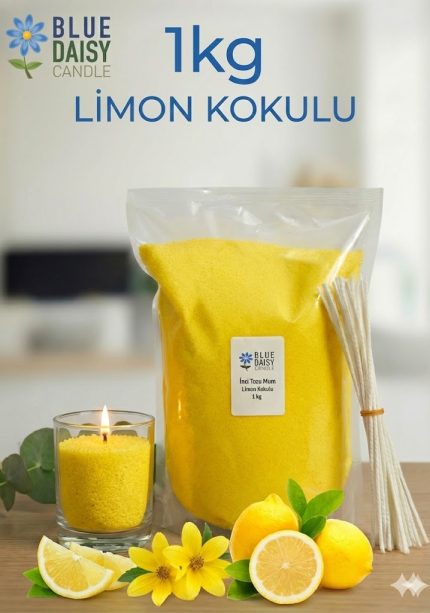 1 Kg sarı renkli limon kokulu bitkisel inci tozu mum ve 25 adet 20 cm hediye fitili