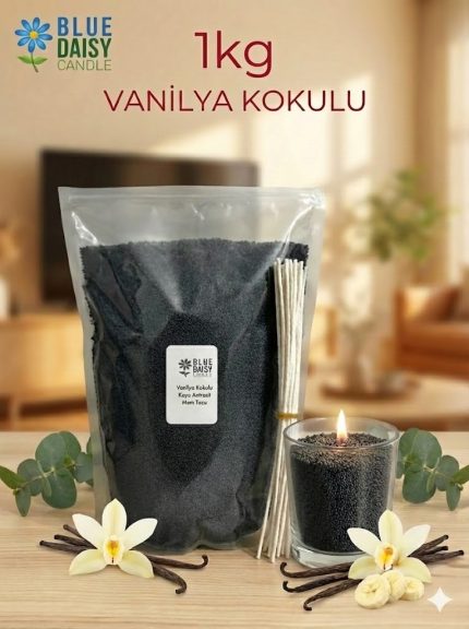1 Kg siyah renkli vanilya kokulu bitkisel inci tozu mum ve 25 adet 20 cm hediye fitili