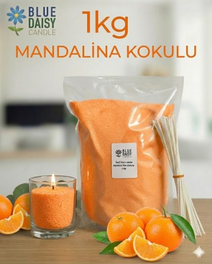 1 Kg turuncu renkli mandalina kokulu bitkisel inci tozu mum ve 25 adet 20 cm hediye fitili