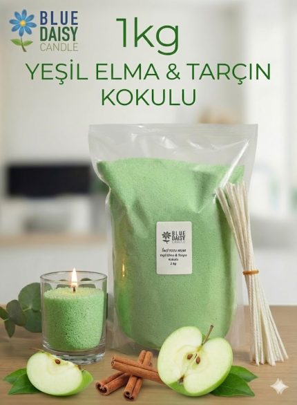 1 Kg yeşil renkli elma ve tarçın kokulu bitkisel inci tozu mum ve 25 adet 20 cm hediye fitili