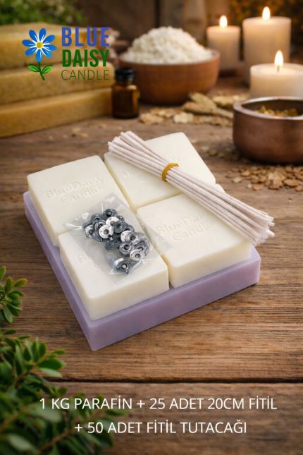 Avantaj Paket Parafin 1kg- 25 adet 20 cm sert mumlanmış fitil- Çıt Çıt 50 Adet-hobiseti