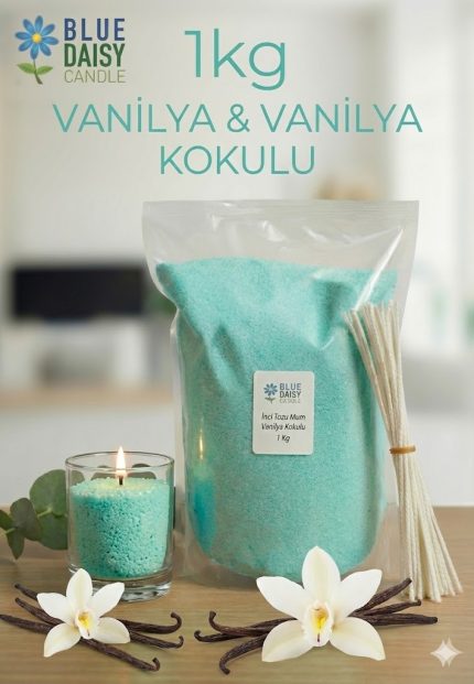 1 Kg mint yeşili renkli vanilya kokulu bitkisel inci tozu mum ve 25 adet 20 cm hediye fitili